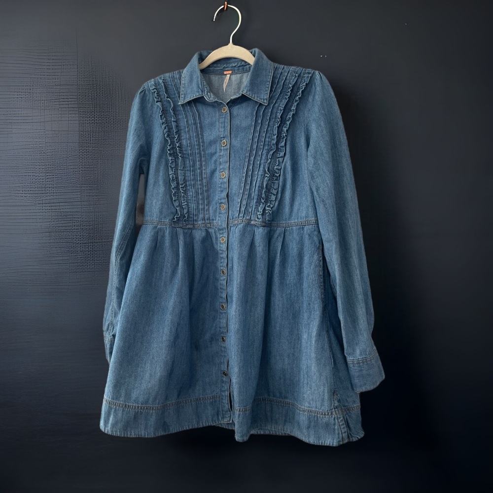 Free People Blue Denim Boho Long Sleeve Ruffle Tunic Dress Size Medium